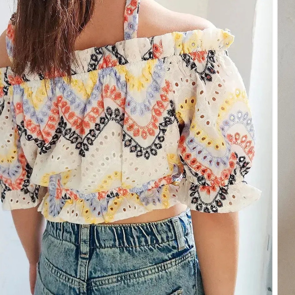 Kids Floral ruffle cold shoulder multicolor top. - Picture 3 of 5
